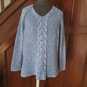 Talbots Womens XL Blue Cable Knit Sweater V-Neck Long Sleeve Cotton & Wool Blend